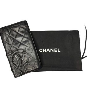 Authentic CHANEL Cambon Black Quilted Lambskin Leather & Black CC Long Wallet